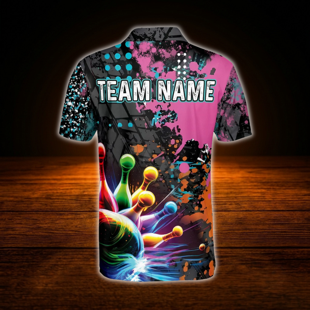 Custom Team Abstract Colorful Bowling Polo Shirts For Men, Custom Bowling Team Shirts