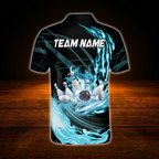 Custom Flame Cyan Black Polo Bowling Shirts For Men, Custom Flame Bowling Team Shirts
