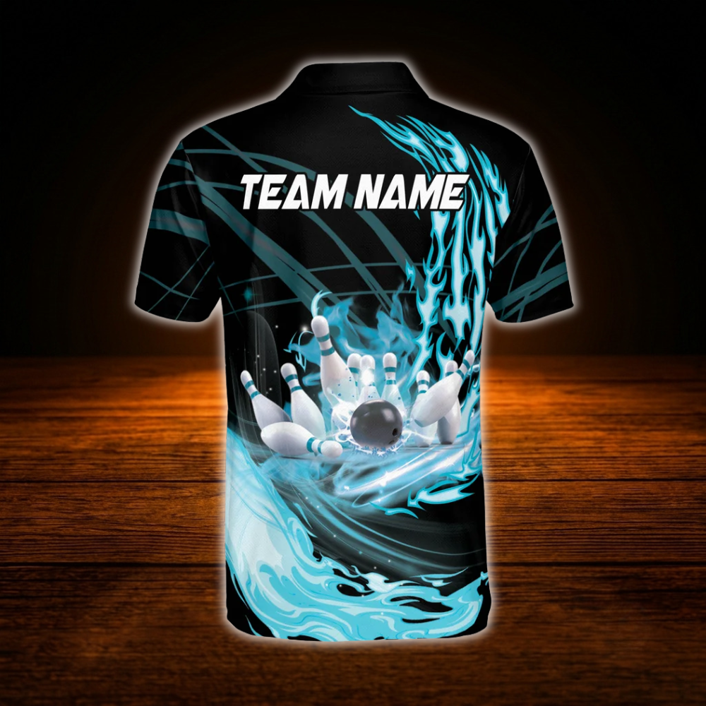 Custom Flame Cyan Black Polo Bowling Shirts For Men, Custom Flame Bowling Team Shirts