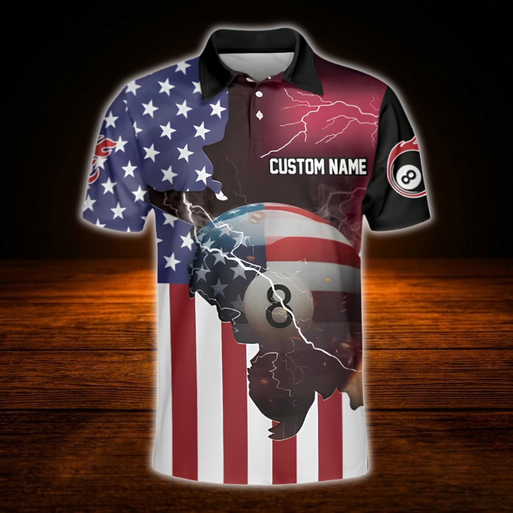 American Flag Custom Mens Billiard Polo Shirt For Men, Custom Patriotic Billiard Team Shirt
