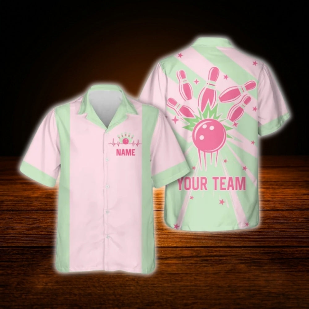 Custom Retro Light Pink Bowling Hawaiian Shirt, Custom Retro Bowling Team Shirt