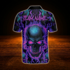 Custom Skull Purple Flame Mens Bowling Polo Shirts, Custom Skull Bowling Team Shirts