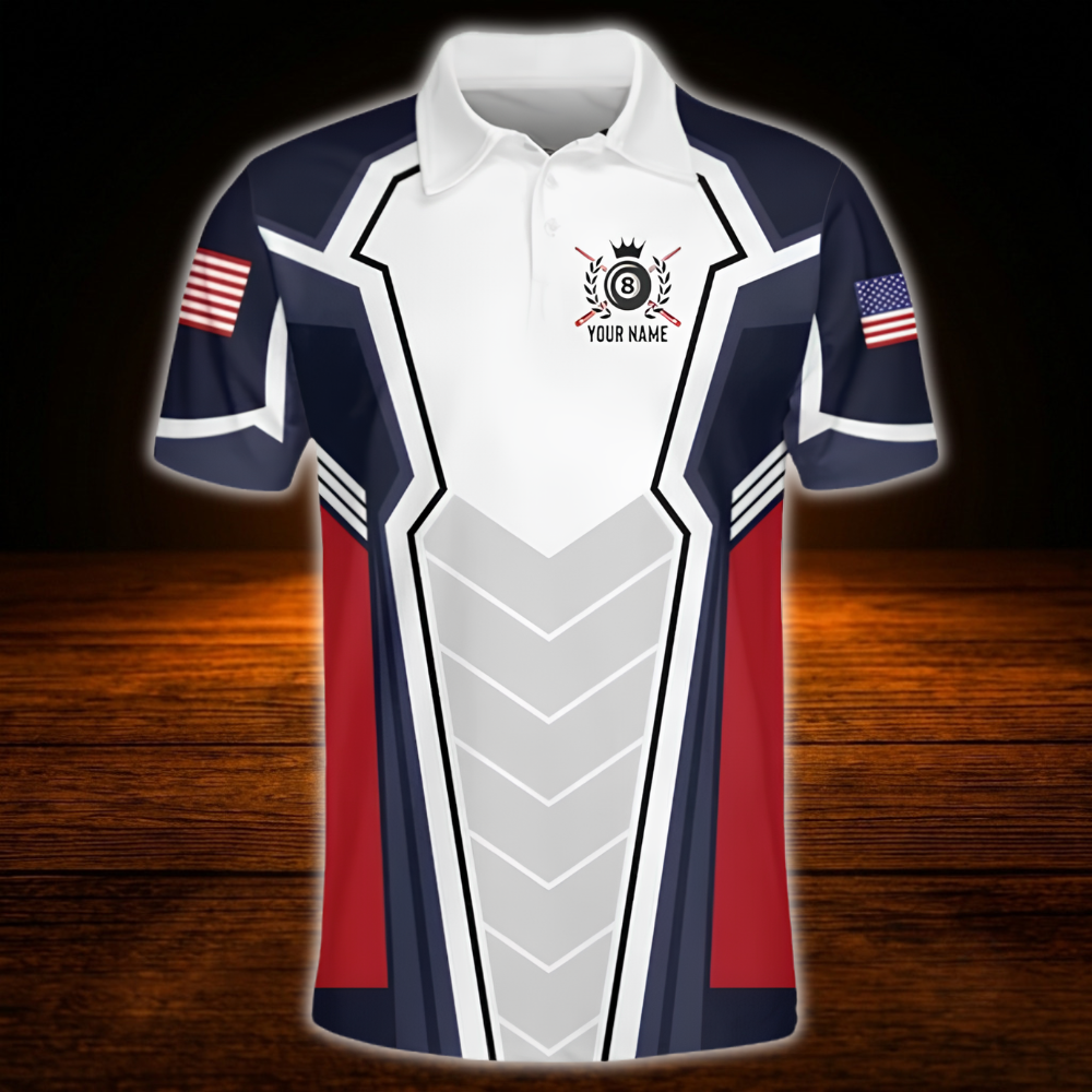 Custom Mens Navy White Red Billiard Polo Shirt, Custom Patriotic Billiard Shirt