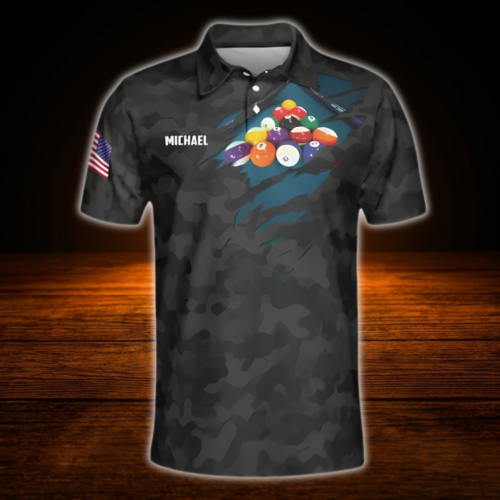 Custom Camo Black Grey Billiard Men Polo Shirt, Custom Camo Billiard Team Shirt