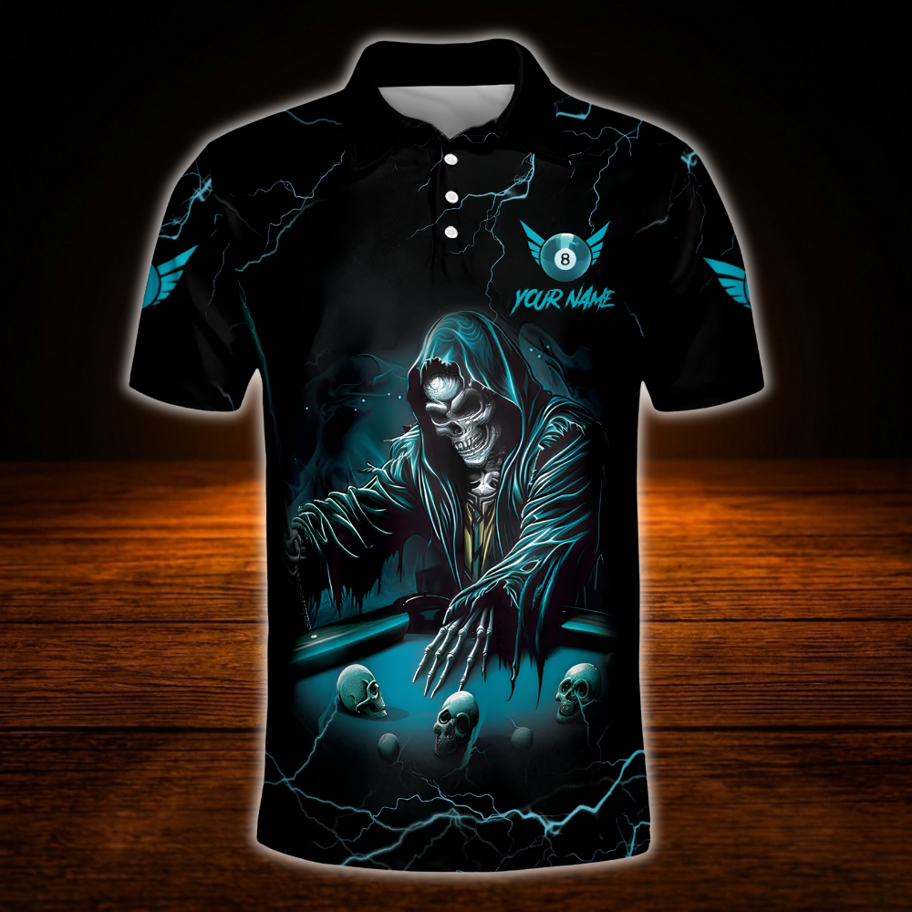 Skeleton Custom Black Cyan Billiard Men Polo Shirt, Custom Skull Billiard Shirt For Team