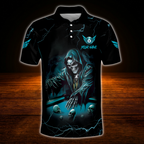 Skeleton Custom Black Cyan Billiard Men Polo Shirt, Custom Skull Billiard Shirt For Team