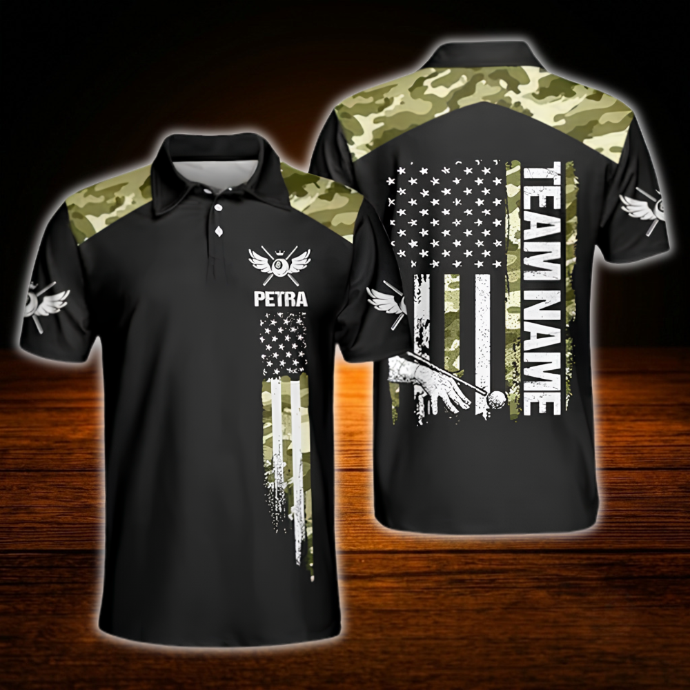 Custom Camouflage Blue Men's Billiard Polo Shirt, Custom Camo Billiard Shirt Team