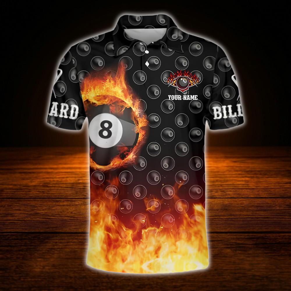 Custom 8 Bal Fire Men's Billiard Polo Shirt, Custom Flame Billiard Shirt Team