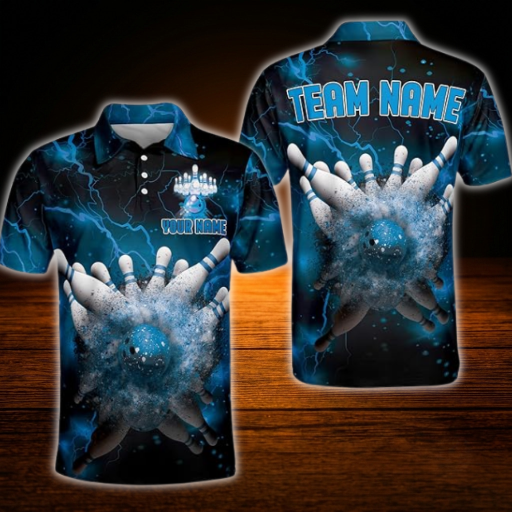 Custom Thunder Black and Blue Bowling Polo Shirts For Men, Custom Thunder Team Bowling Shirts
