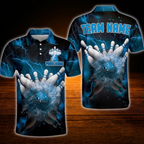Custom Thunder Black and Blue Bowling Polo Shirts For Men, Custom Thunder Team Bowling Shirts