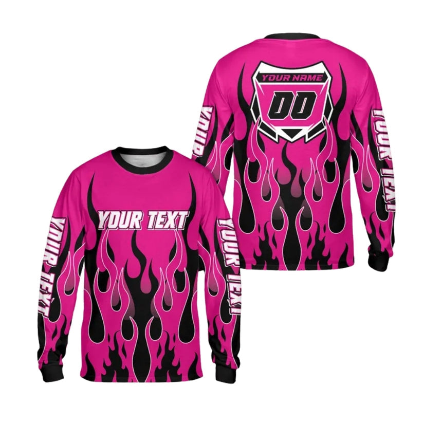 Custom Red Flame Dirt Bike Long Sleeve Jersey Shirt For Men, Custom Flame Dirt Bike Shirts ME0010