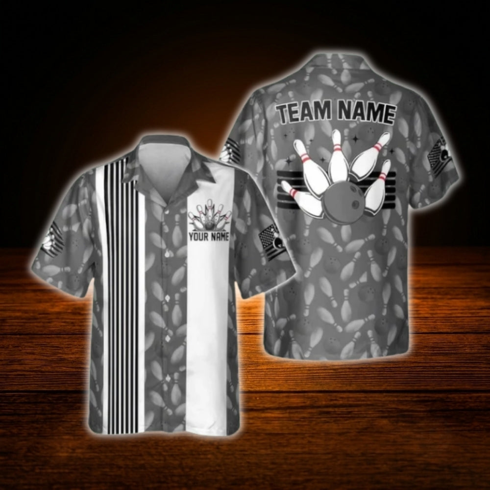 Custom Blue White Bowling Hawaiian Shirt, Custom Retro Bowling Shirt For Team