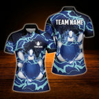 Custom Blue Flame Thunder Bowling Polo Shirt Ladies, Women's Custom Flame Bowling Team Shirt