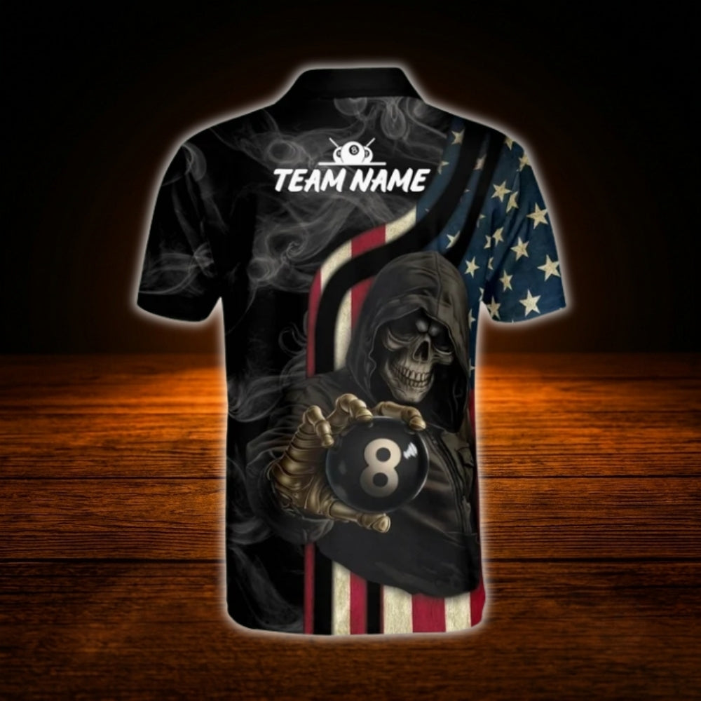 Custom Skeleton American Flag Billiard Polo Shirt, Custom Skull Billiard Team Shirt