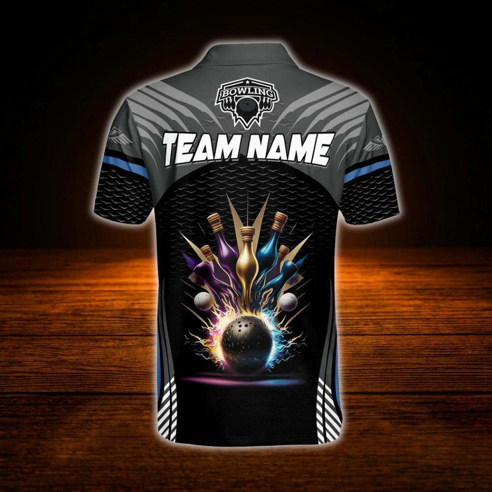 Custom Team Black Polo Bowling Men's Shirts, Custom Team Bowling Shirts