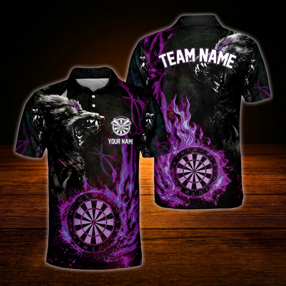 Custom Wolf Blue Flame Dart Polo Shirt For Men, Personalized Wolf Dart Team Shirts