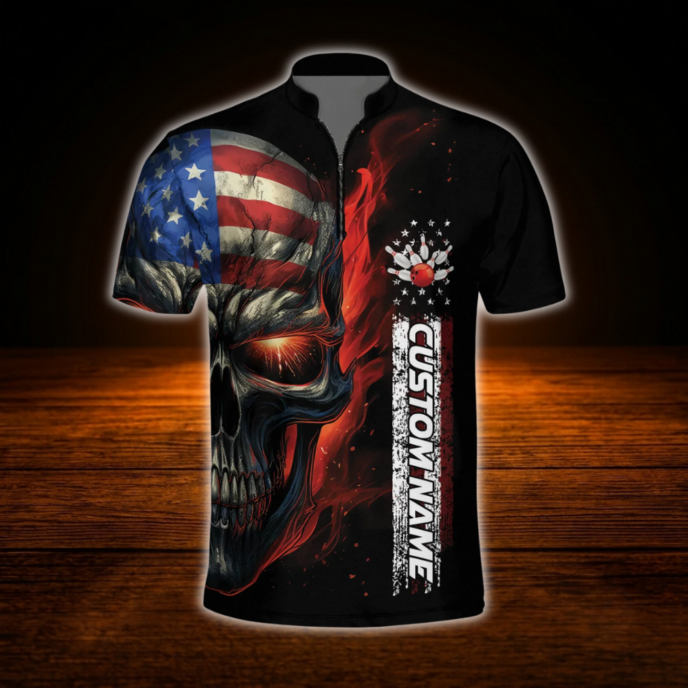 American Flag Skull Custom Mens Bowling Jersey, Custom Skull Bowling Team Shirt