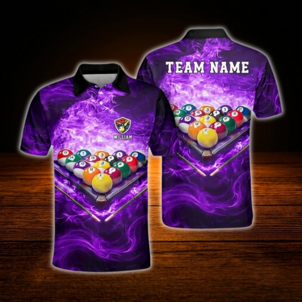 Custom Flame Blue Billiard Polo Shirt Men, Custom Team Flame Billiard Shirt