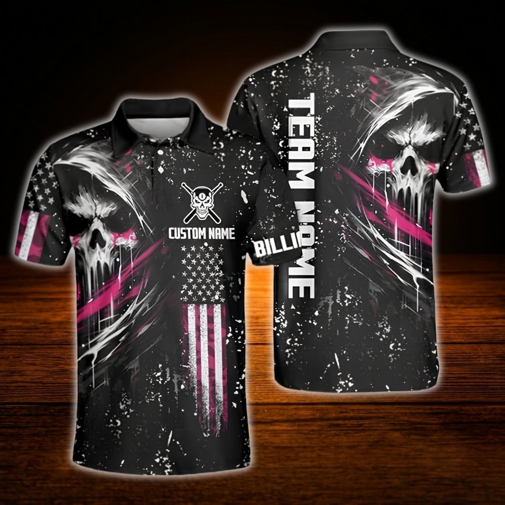 Custom Skeleton Men's Black Red Billiard Polo Shirt, Custom Skull Billiard Shirt Team