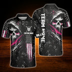 Custom Skeleton Men's Black Red Billiard Polo Shirt, Custom Skull Billiard Shirt Team