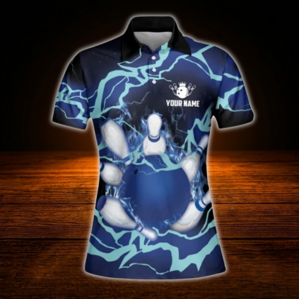 Custom Blue Flame Thunder Bowling Polo Shirt Ladies, Women's Custom Flame Bowling Team Shirt