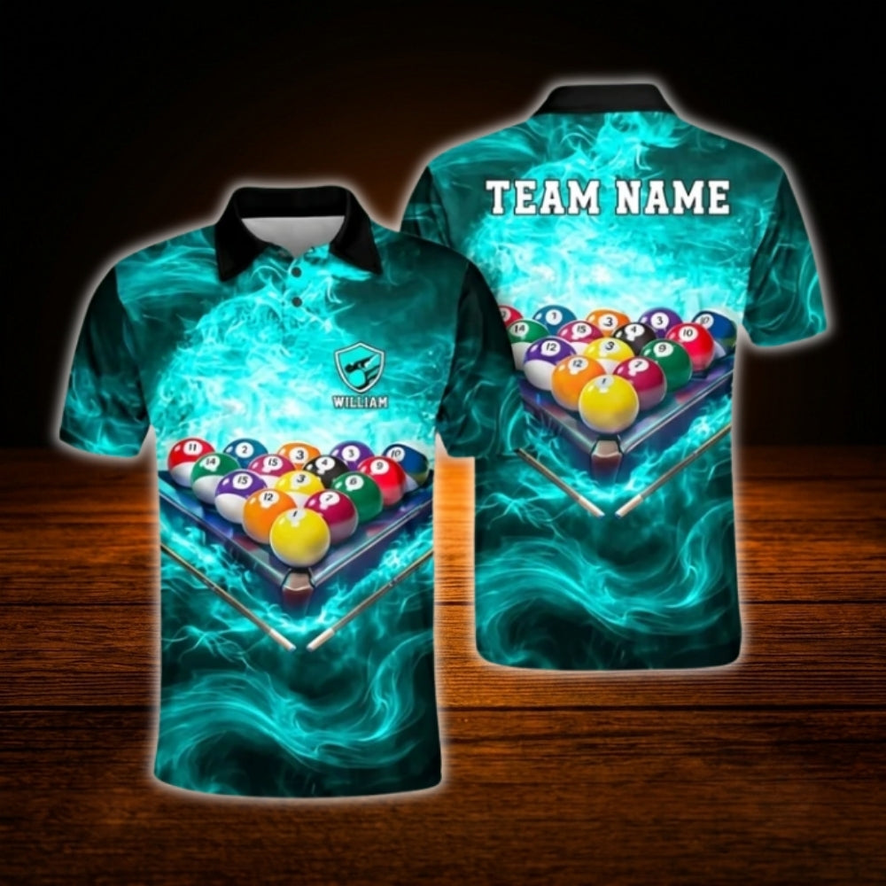 Custom Flame Blue Billiard Polo Shirt Men, Custom Team Flame Billiard Shirt