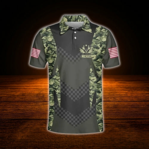 Aim Shoot Swear Repeat Custom Green Camo Darts Men Polo Shirt, Custom Funny Darts Shirt