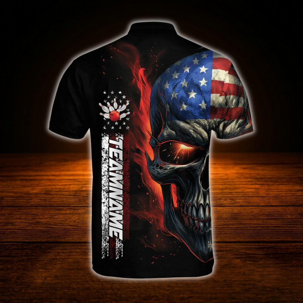 American Flag Skull Custom Mens Bowling Jersey, Custom Skull Bowling Team Shirt