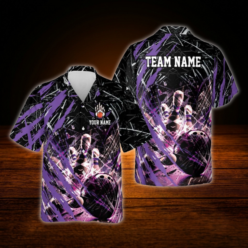 Custom Team Grunge Red Black Bowling Hawaiian Shirt For Men, Custom Bowling Team Shirt