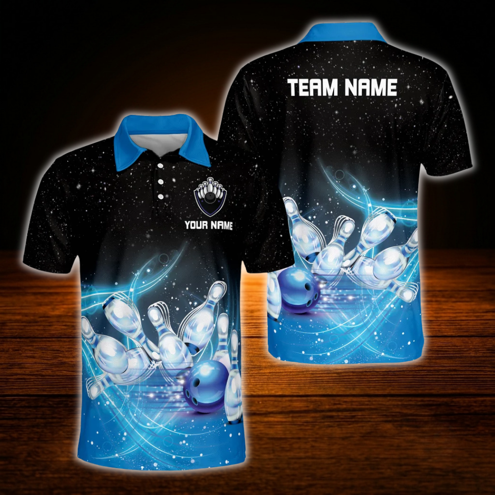 Custom Team Black And Blue Men's Bowling Polo Shirts, Custom Bowling Team Shirts