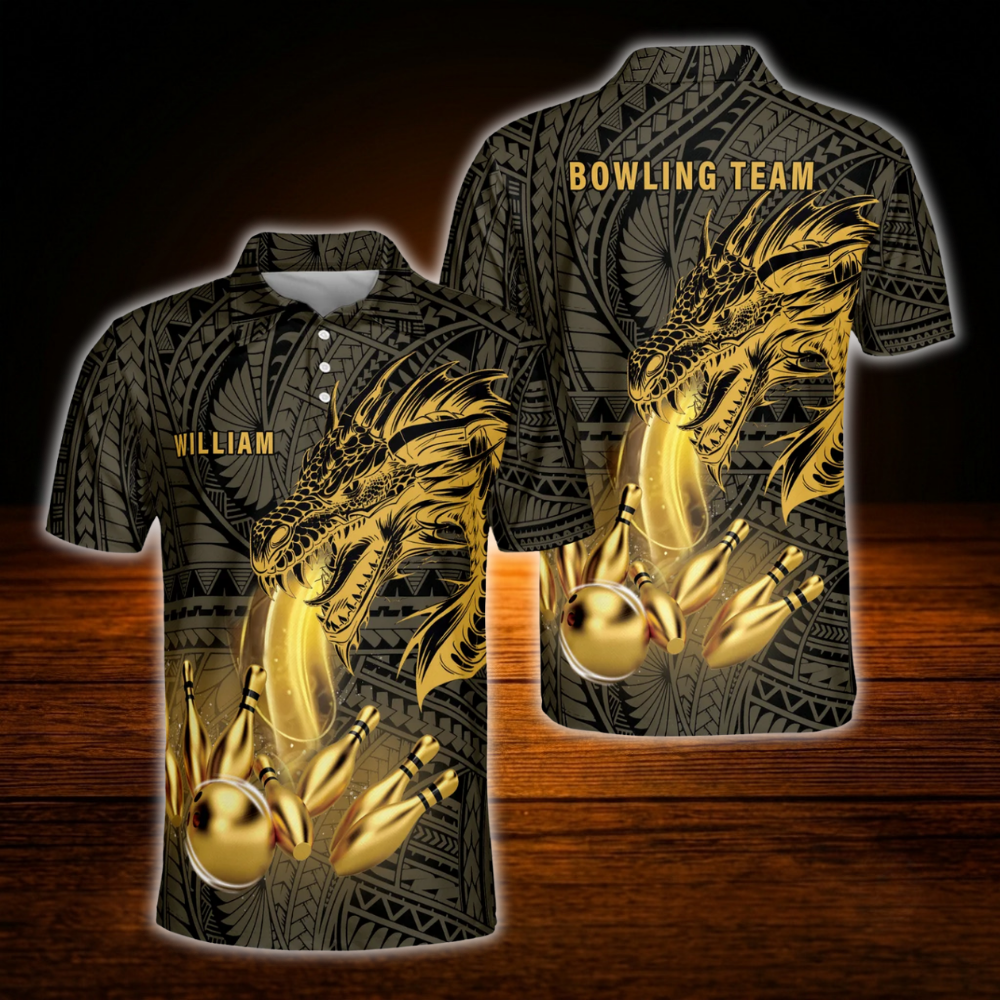 Custom Golden Dragon Bowling Mens Polo Shirt, Custom Dragon Bowling Shirt For Team