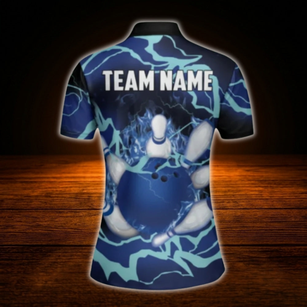 Custom Blue Flame Thunder Bowling Polo Shirt Ladies, Women's Custom Flame Bowling Team Shirt