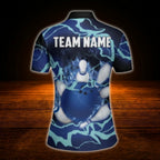 Custom Blue Flame Thunder Bowling Polo Shirt Ladies, Women's Custom Flame Bowling Team Shirt