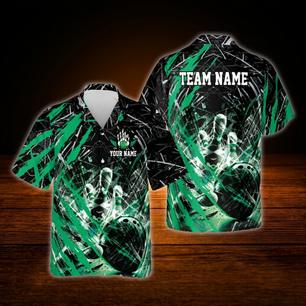 Custom Team Grunge Red Black Bowling Hawaiian Shirt For Men, Custom Bowling Team Shirt