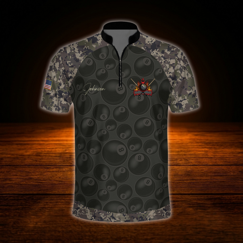 Custom Mens Camo Billiard Jersey Shirts, Custom Camo Patriotic Billiard Team Shirts