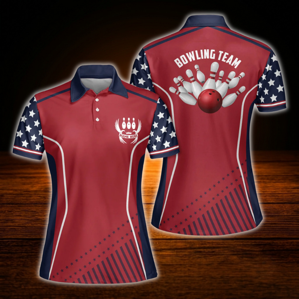 Womens Custom USA Flag Red Navy Bowling Polo Shirt, Custom Patriotic Bowling Team Shirt Ladies