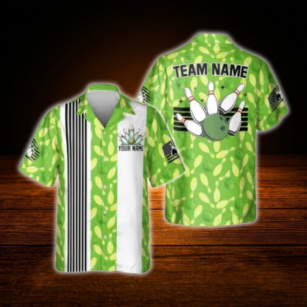 Custom Blue White Bowling Hawaiian Shirt, Custom Retro Bowling Shirt For Team