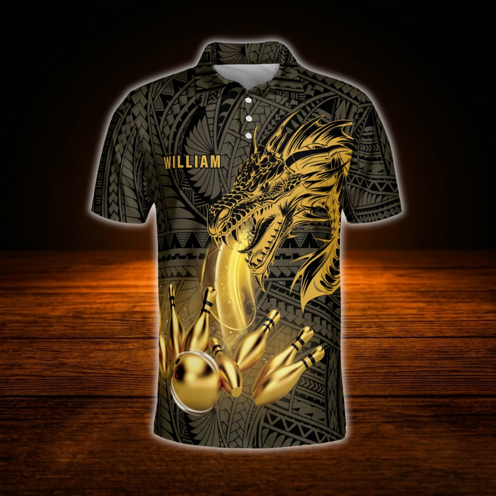 Custom Golden Dragon Bowling Mens Polo Shirt, Custom Dragon Bowling Shirt For Team