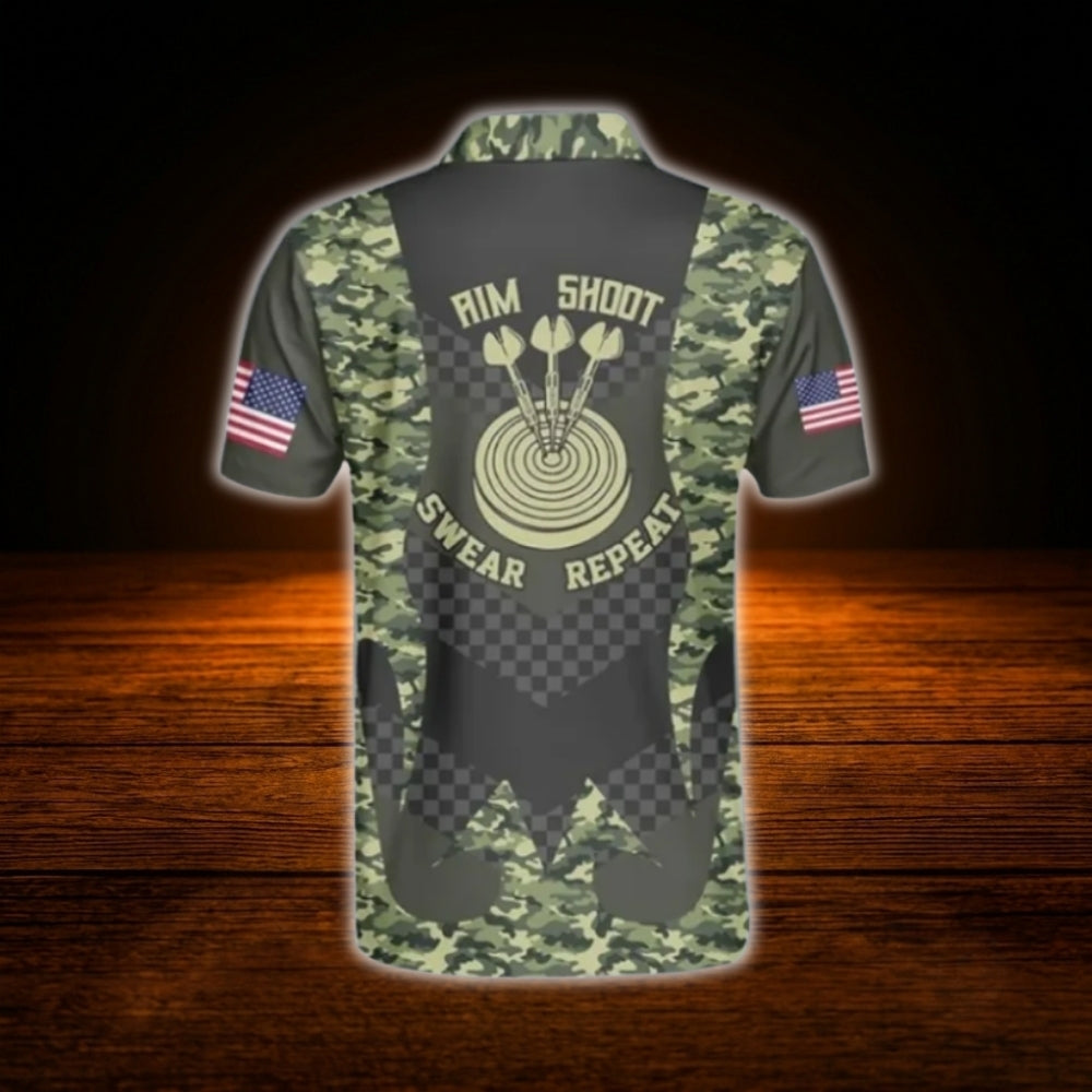 Aim Shoot Swear Repeat Custom Green Camo Darts Men Polo Shirt, Custom Funny Darts Shirt