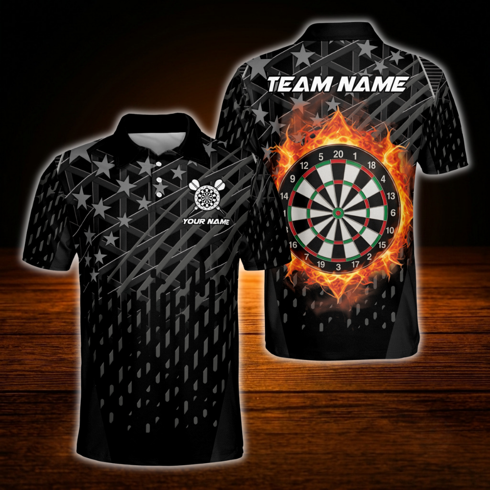Custom Fire Dartboard Men's Black Dart Polo Shirt, Custom Flame Darts Team Shirts
