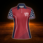 Womens Custom USA Flag Red Navy Bowling Polo Shirt, Custom Patriotic Bowling Team Shirt Ladies