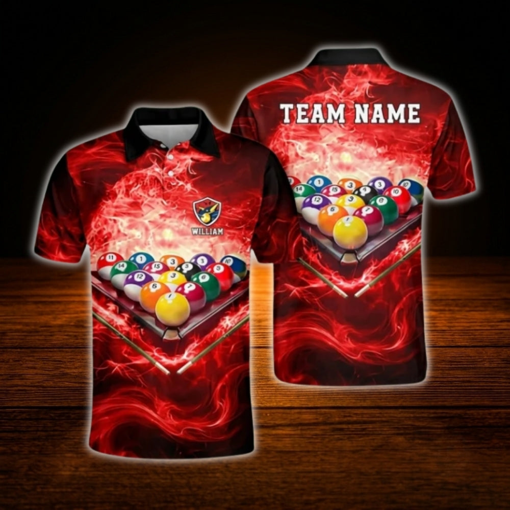 Custom Flame Blue Billiard Polo Shirt Men, Custom Team Flame Billiard Shirt