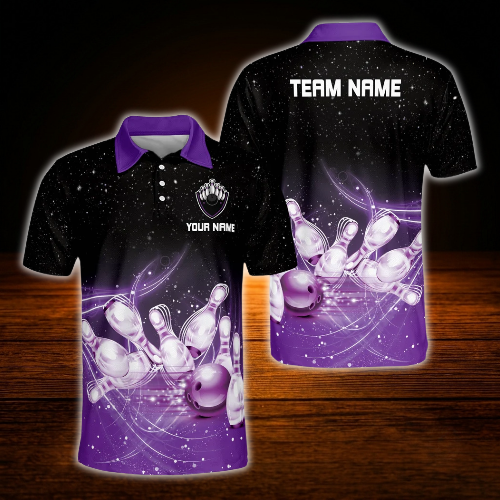 Custom Team Black And Blue Men's Bowling Polo Shirts, Custom Bowling Team Shirts