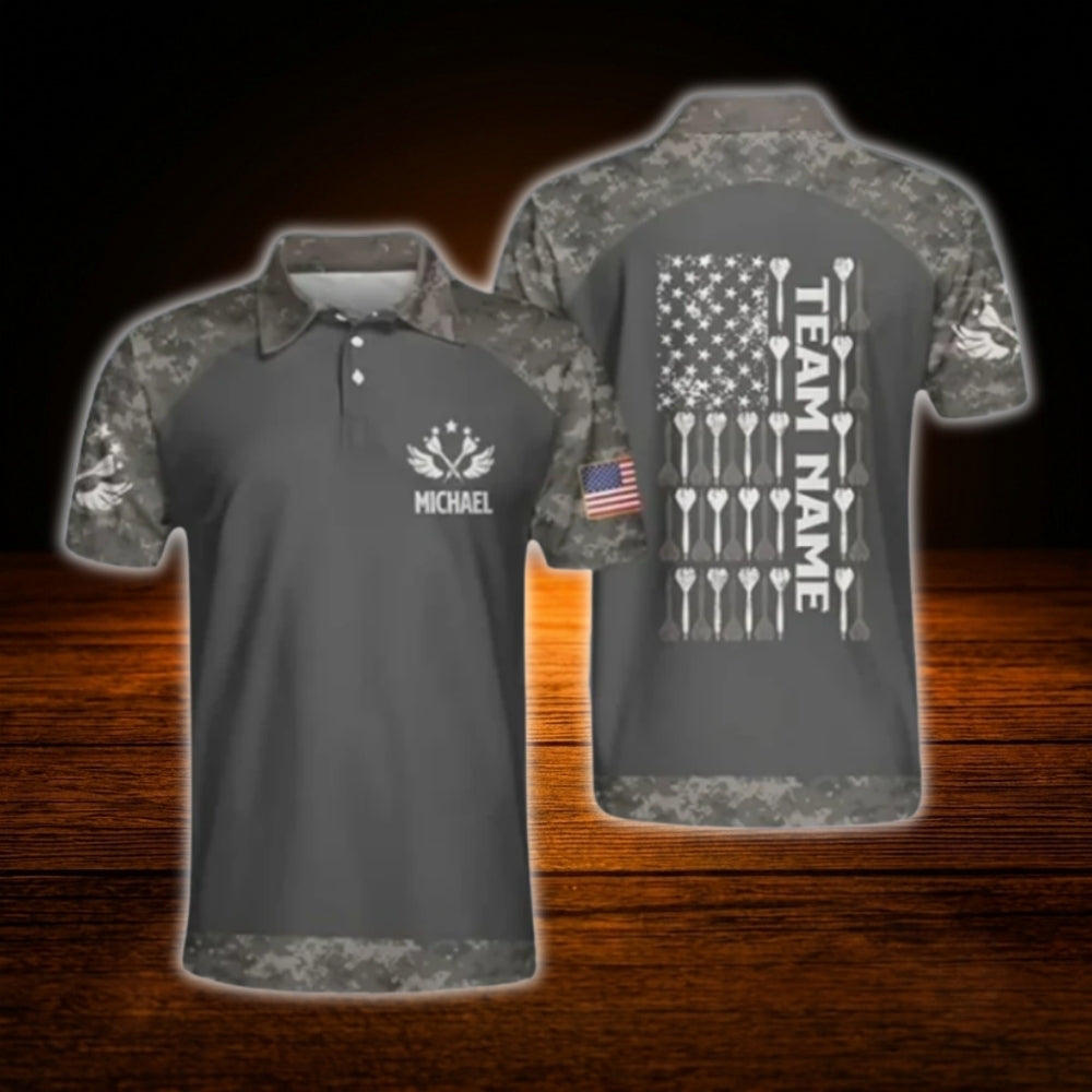 Custom USA Flag Camo Dart Polo Shirt Grey, Men's Custom Camo Darts Team Shirt