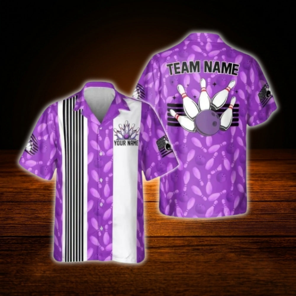 Custom Blue White Bowling Hawaiian Shirt, Custom Retro Bowling Shirt For Team