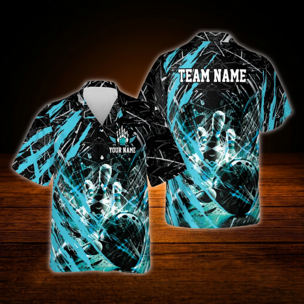 Custom Team Grunge Red Black Bowling Hawaiian Shirt For Men, Custom Bowling Team Shirt