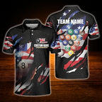 American Flag Custom Black Grunge Billiard Polo Shirt For Men, Custom Patriotic Team Billiard Shirt