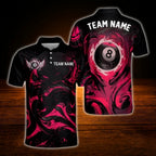 Custom 8 Ball Red Black Billiard Polo Shirt Men, Custom 8 Ball Pool Team Shirt