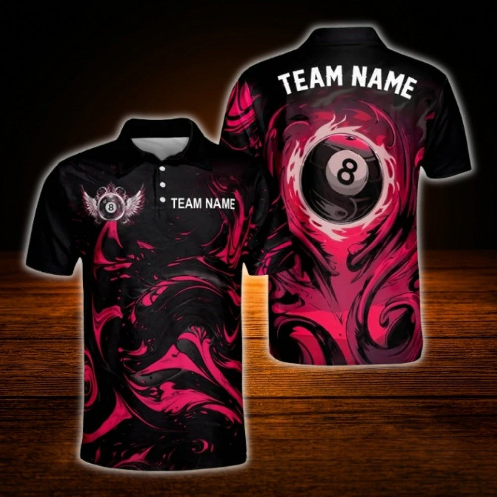 Custom 8 Ball Red Black Billiard Polo Shirt Men, Custom 8 Ball Pool Team Shirt