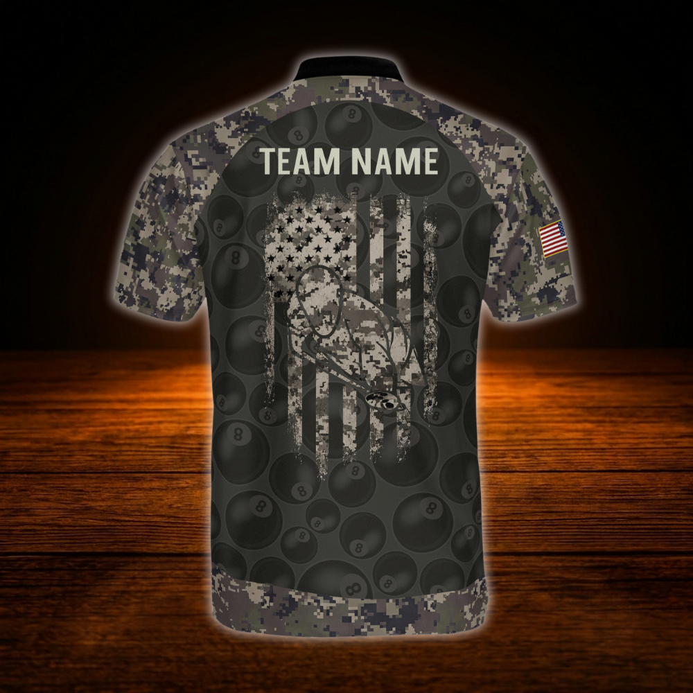 Custom Mens Camo Billiard Jersey Shirts, Custom Camo Patriotic Billiard Team Shirts